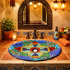 Oval mexican talavera clover medallion bathroom sink featured in Mexican restaurant restroom design