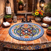 Mexican oval talavera floral medallion bathroom sink featured in Mexican restaurant restroom with warm plaster wall