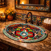 Oval mexican bathroom sink vibrant floral garden in Mediterranean house powder room with stucco wall