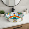 Mexican above counter turquoise floral bathroom sink design in modern bathroom with neutral tones and minimal style