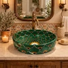 Talavera above counter round drop in vessel sink in bathroom vanity with warm tones