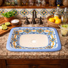 Rectangular talavera bathroom sink blue geometric pattern design styled in kitchen bar with rustic finishes