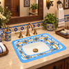 Rectangular talavera bathroom sink blue geometric pattern design installed in traditional house bathroom with wood vanity