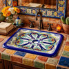 Rectangular talavera bathroom sink blue floral design featured in restaurant bathroom with artisan decor