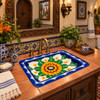 Rectangular talavera bathroom sink sunflower calla lily design in Spanish Revival bathroom with tile and iron details