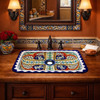 Rectangular talavera bathroom sink cross floral hand painted in Spanish style bathroom with warm tones