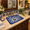 Rectangular talavera bathroom sink cobalt white floral Design in Spanish bathroom with warm tones