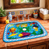 Rectangular talavera bathroom sink colorful fish design handmade featured in Mexican bathroom with rustic decor