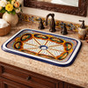 Rectangular talavera bathroom sink geometric starburst pattern in bathroom vanity with stone top