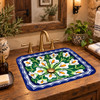 Rectangular talavera bathroom sink white calla lily design in rustic house bathroom with wood accents