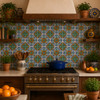 Cobalt orange green talavera tile used on a rustic kitchen backsplash with vibrant medallion design