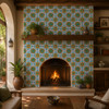 Cobalt orange green talavera tile featured on a fireplace wall creating a traditional artisan atmosphere