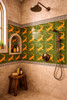 Mexican lizard motif ceramic tile used on bathroom shower wall showing crisp design and smooth ceramic