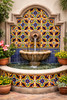 Talavera four petal medallion tile applied on a courtyard fountain reflecting classic Mexican design heritage