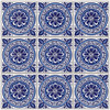 Blue medallion talavera tile shown in a three by three tile set with visible light cement joints
