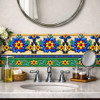 Mexican talavera floral relief border tile decorative trim decorating bathroom vanity backsplash with artisan sink
