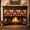 Mexican talavera arched relief border tile accent on fireplace surround