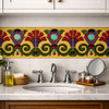 Mexican talavera medallion relief border tile decorative trim accenting bathroom vanity backsplash with artisan sink