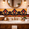 Navy fleur de lis mexican talavera border featured above bathroom vanity mirror wall