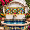 Talavera floral vine relief mexican decorative tile pattern surrounding courtyard wall fountain