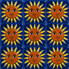 Mexican relief tile with a sun face motif arranged in 9-tile grid with full pattern