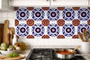 Talavera tile geometric flower corner installed as a kitchen backsplash creating a balanced and traditional accent