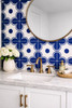Cobalt geometric medallion talavera tile used on a bathroom vanity wall creating a clean and classic focal surface