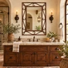 Ornamental wrought iron mirror with scrollwork and rope-like border in a colonial bathroom