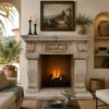 Spanish colonial stone fireplace – Hand-carved cantera mantel in a Mediterranean living room