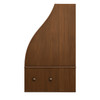Profile view of under-cabinet hammered copper range hood with curved front on white background