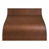 Front view of under-cabinet hammered copper range hood with curved front and riveted apron on white background