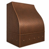 Angled view of under-cabinet hammered copper range hood with curved front on white background