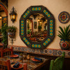 Octagonal decorative dark brown tin mirror with sunflower talavera tiles restaurant