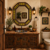 Decorating octagonal tin mirror with cactus talavera tiles in colonial powder room design