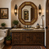 Octagonal decorative talavera tin mirror in a Southwestern powder room design