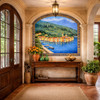Mexican talavera tile mural Italian lakeside village scene in home entryway with natural light