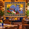 Mexican tile mural blue talavera tableware featured in a Mexican restaurant with artisan accents.