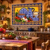 Mexican tile mural blue talavera tableware featured in a rustic kitchen with handcrafted decor.