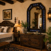 Handcrafted Tin Mirror with Moon and Stars Talavera Tile Frame in Spanish Revival bedroom