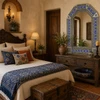 Handcrafted tin mirror with blue talavera tile frame hacienda bedroom