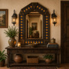 Handcrafted Tin Mirror with Sun Talavera Tile Frame over a dark wood console table
