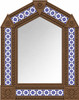 Handcrafted arch light brown tin mirror featuring blue floral talavera tile accents