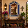 Handcrafted arch tin mirror with talavera moon tiles in a colorful Mexican interior