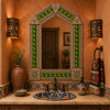 Handcrafted arch lizard talavera tile tin mirror frame in Southwestern powder room