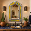 Handcrafted Arch Tin Mirror with Cactus Talavera Tiles in a Southwestern bathroom vanity