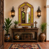 Handcrafted Arch Tin Mirror with Cactus Talavera Tiles in a Mexican colonial entryway