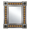 Mexican Talavera mirror with cobalt blue tiles, yellow-orange suns and punched metal frame