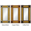 Yellow sunflower Talavera mirror shown side by side in three decorative metal frame finishes