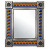 Front view of punched-metal mirror with cobalt-blue Talavera tiles, yellow-orange flowers