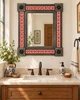 Mexican Talavera tile mirror above a wood vanity in a bright powder room